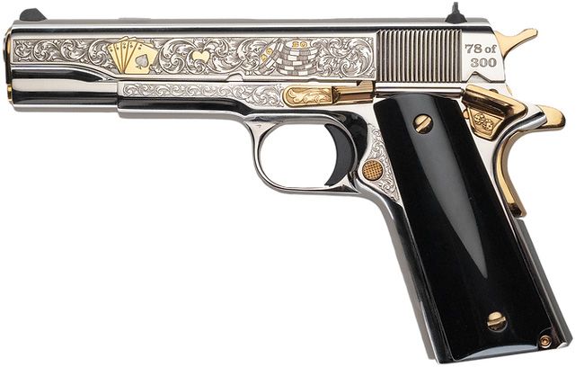 Colt Gambler Government .45 ACP High Polish Nickel-Plated with Gold Inlay Pistol